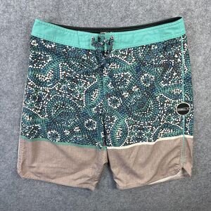 O'Neill Hyperfreak Board Shorts Mens 30 Green Mosaic Pattern Surf Swim Trunks